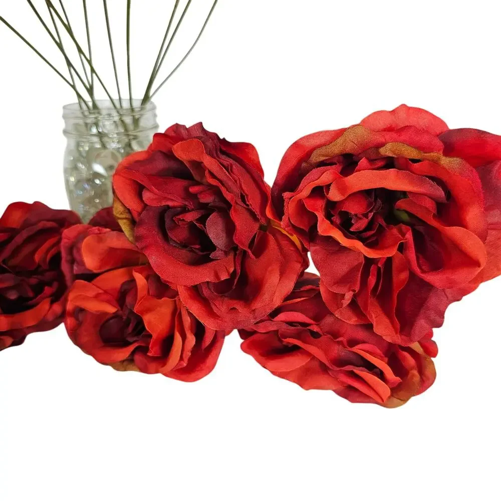 Artificial Large Red Orange Roses 16 Stems Faux Silk Fall Wedding Floral Lot